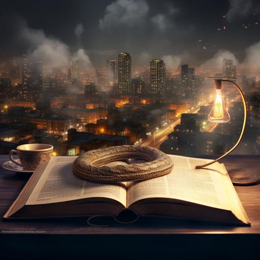 cobra snake attack small destroyed mockup city on old book at vantage office with warm light vantage room with window view night stars clear with flight attack city exploion cinematic color fog ratio concept on a book at vantage table with warm light at vantage office with window view clear night with stars