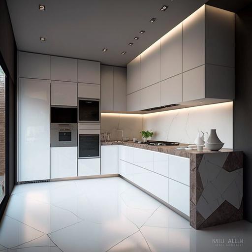 cocina moderna de lujo, con mueble de melamina blanco y piedra oscura brasil. pisos porcelanatos brillantes y una gran ventana a la derecha