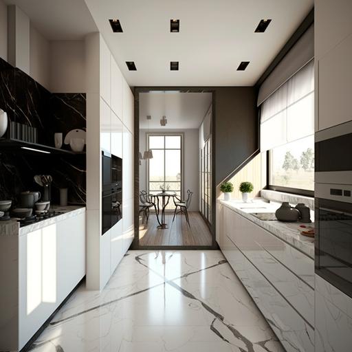cocina moderna de lujo, con mueble de melamina blanco y piedra oscura brasil. pisos porcelanatos brillantes y una gran ventana a la derecha