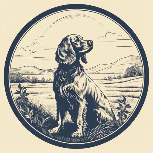 cocker spaniel dog and bird hunter human logo in Intaglio printing style in round shape,