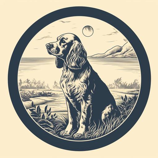 cocker spaniel dog and bird hunter human logo in Intaglio printing style in round shape,