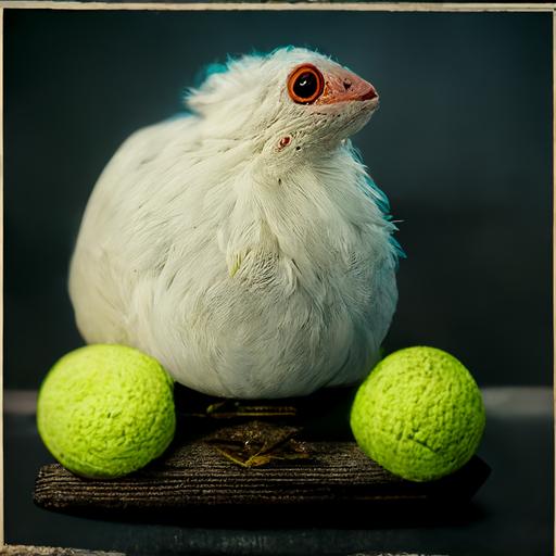 cockrel sitting on two tennis balls, white background, polaroid photograph, photo realistic, 4k,8k, unreal engine