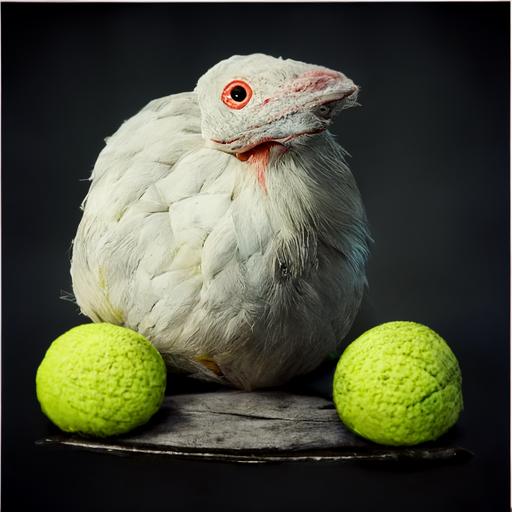 cockrel sitting on two tennis balls, white background, polaroid photograph, photo realistic, 4k,8k, unreal engine