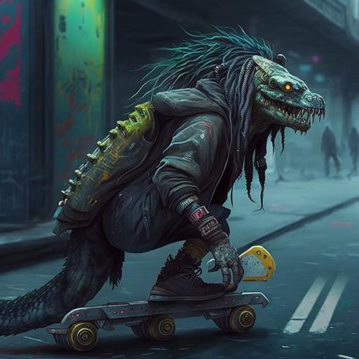 cocodrilo con dreadlocks en una patineta en una era cyberpunk