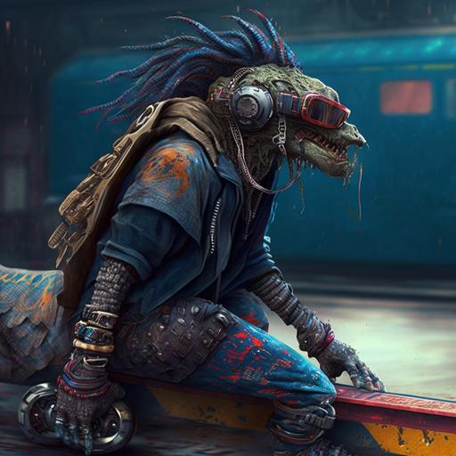 cocodrilo con dreadlocks en una patineta en una era cyberpunk