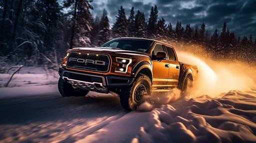 code orange generation 3 Ford Raptor with stock decal racing through mountain snow studio lighting snowing photograph --ar 16:9