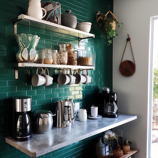 coffee bar against wall with floating shelves, emerald green backsplash, coffee mugs on shelf and containers, bottomless porta filter hanging from wall with espresso utensils