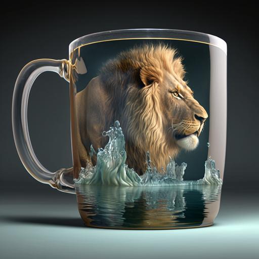 coffee mug floating on water with a huge lion, raelistic 3D 8K