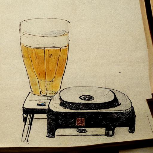 cold beer sitting on desk next to record player , Japanese style drawing