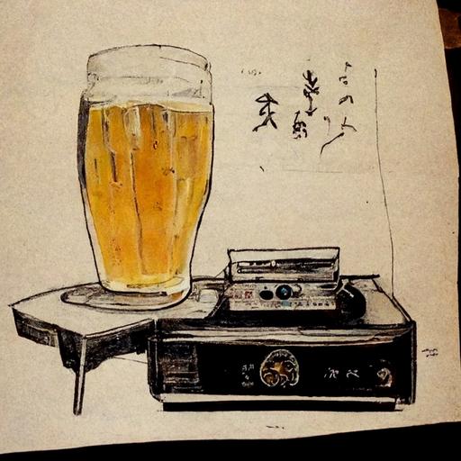 cold beer sitting on desk next to record player , Japanese style drawing