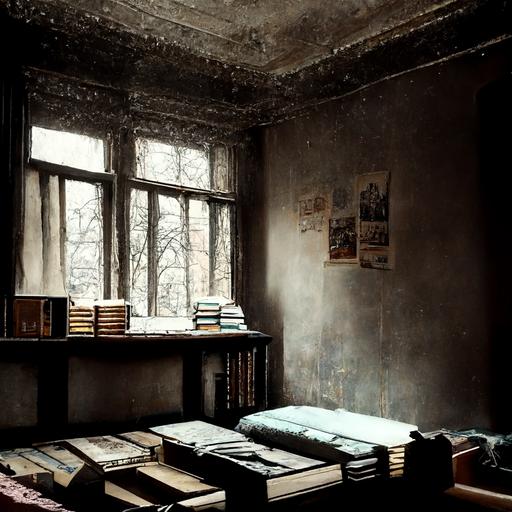 cold university dorm room, vacant, dusty, old books, old furniture, english architecture, sephia tone