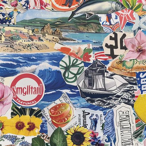 collage, scrapbook, sea side, summer themed, logos, no people, colourful , painterly style --sref