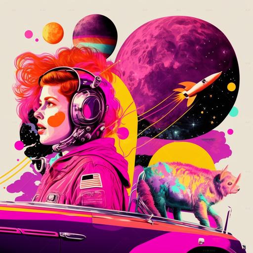 collage style, neon colors, retro inspired, retro woman red head with shorts and teeshirt, unreal engine, woman smoking, beautiful vintage appeal, pot leaf shaped shooting stars, lots of planets with rings in purple and pink, woman lays on pink cadillac hood, flying through space, monkey astronaut flots by in an astronaut suit, hyper realistic
