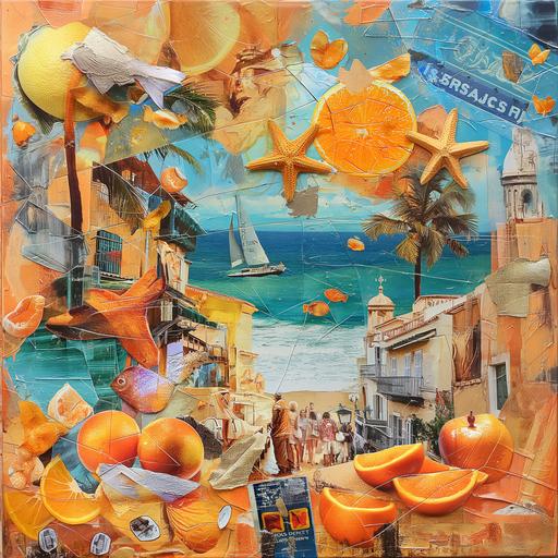 collage style, painterly style, Picasso inspired orang and yellow theme , images of orange and yellow fruit, gold fish in the centre of screen , building, someone having a picnic painting style, orange plane ticket, starfish, peaches ,Oranges, pastel colors --v 6.0