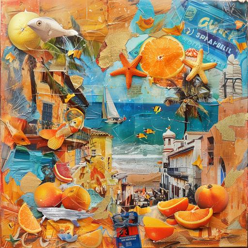 collage style, painterly style, Picasso inspired orang and yellow theme , images of orange and yellow fruit, gold fish in the centre of screen , building, someone having a picnic painting style, orange plane ticket, starfish, peaches ,Oranges, pastel colors