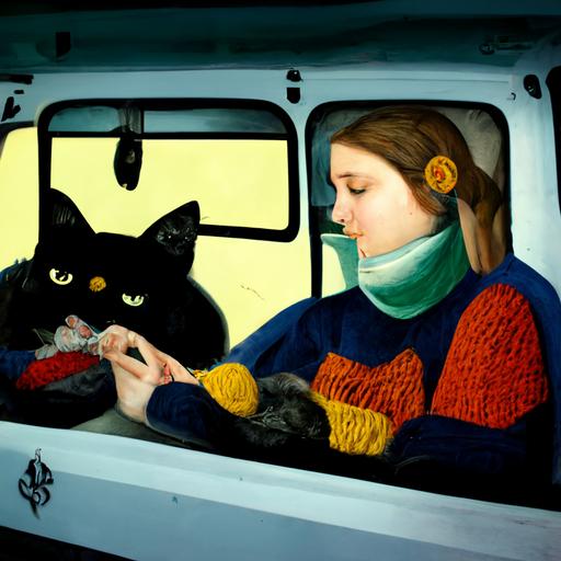 college girl knitting inside an ambulance with a black cat and a grey cat sitting on her lap --uplight