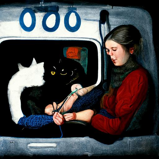 college girl knitting inside an ambulance with a black cat and a grey cat sitting on her lap