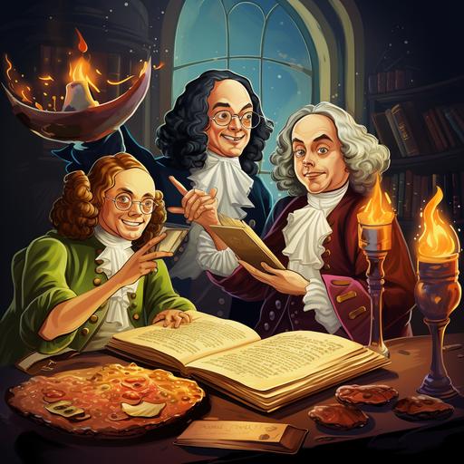 college party scene with Ben Franklin, Sherlock Holmes Mozart and an alien eating pizza. Cartoon
