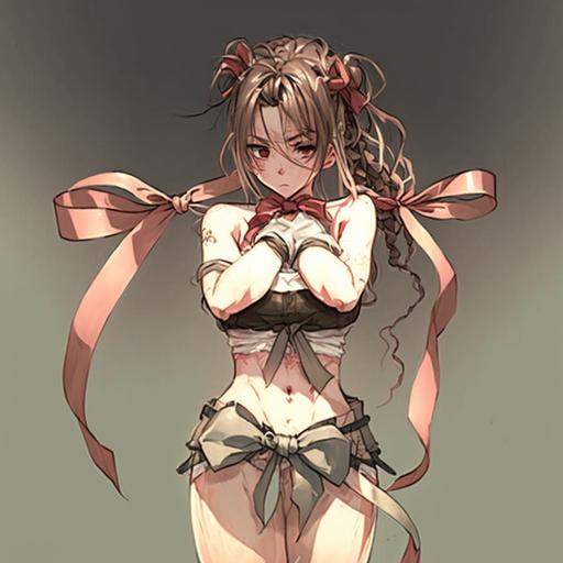 I want a female anime character full body standing up tied hand with ribbon tattoed, suffering, hog-tie, realistic, detailed, 8k, high resolution --v 4