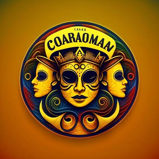colombian carnival circle logo with masks and serpentines and yellow background