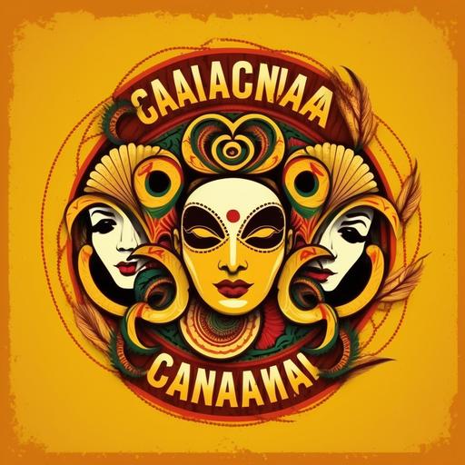 colombian carnival circle logo with masks and serpentines and yellow background