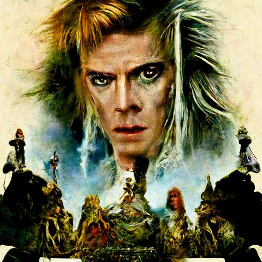 David Bowie   goblin king   the labyrinth   1960s movie poster   full character image   symmetrical body and face   oil painting   horror   painterly   realism   intricate outfit   highly detailed   HD   realistic materials   intricate patterns   vast fantasy landscape   vibrant colour palette   psychedelic   atmospheric   in the style of Frank frazetta   Norman Rockwell   moebius   tomer hanuka   Peter mohrbacher   John William Waterhouse   mythical