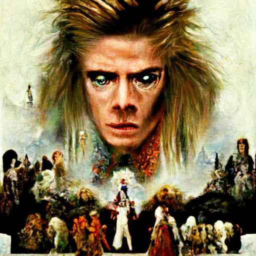 David Bowie   goblin king   the labyrinth   1960s movie poster   full character image   symmetrical body and face   oil painting   horror   painterly   realism   intricate outfit   highly detailed   HD   realistic materials   intricate patterns   vast fantasy landscape   vibrant colour palette   psychedelic   atmospheric   in the style of Frank frazetta   Norman Rockwell   moebius   tomer hanuka   Peter mohrbacher   John William Waterhouse   mythical --uplight