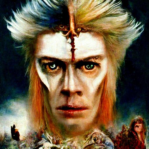 David Bowie   goblin king   the labyrinth   1960s movie poster   full character image   symmetrical body and face   oil painting   horror   painterly   realism   intricate outfit   highly detailed   HD   realistic materials   intricate patterns   vast fantasy landscape   vibrant colour palette   psychedelic   atmospheric   in the style of Frank frazetta   Norman Rockwell   moebius   tomer hanuka   Peter mohrbacher   John William Waterhouse   mythical --uplight