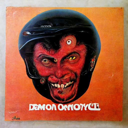 Retro 1970s vinyl album art, demon on a motorcycle, funny