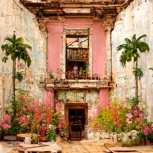 colonial building big patio with tropical flowers, ivy, Old Havana , Cuba, old furniture, old paintings hanging on the walls, old floor tiles, abandoned, pale pink wall color, arcs, columns,