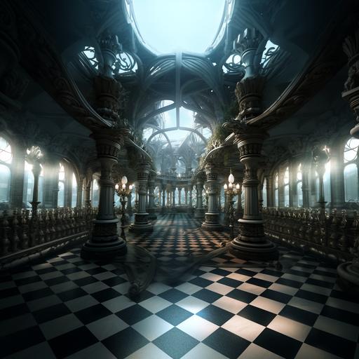 colonnade made from various chess pieces, victorian art, futuristic detail, high end sci-fi environment