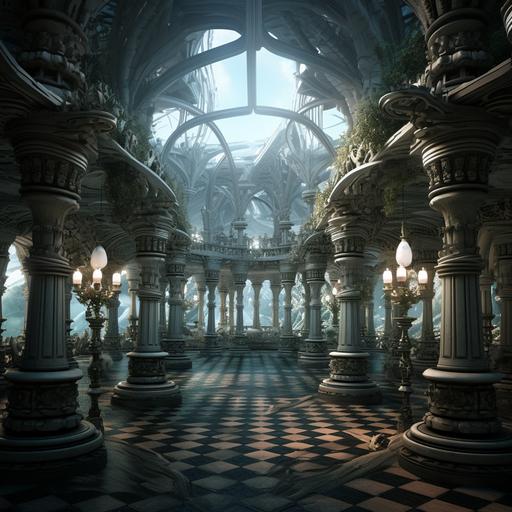 colonnade made from various chess pieces, victorian art, futuristic detail, high end sci-fi environment