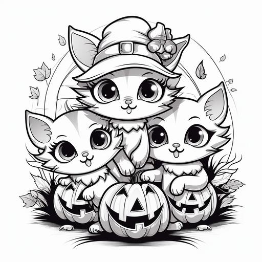 color book for kids, simple design, black and white cartoon style jack o lanterns with kittens, thick lines, low details, no shading--ar 9:11