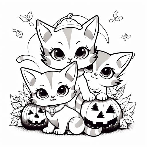 color book for kids, simple design, black and white cartoon style jack o lanterns with kittens, thick lines, low details, no shading--ar 9:11