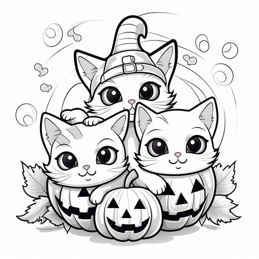 color book for kids, simple design, black and white cartoon style jack o lanterns with kittens, thick lines, low details, no shading--ar 9:11