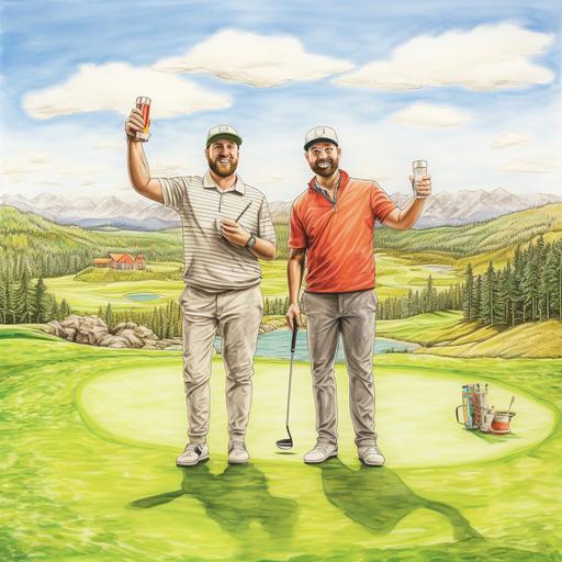 color pencil sketch 2 men standing in the t box in front of a long fairway. Both men holding a golf club in the right hand and both men holding a beer in the left hand. Both men in the action of a cheers of their beers. Between them is 1 golf ball on a tee on the ground. it is a beautiful day.