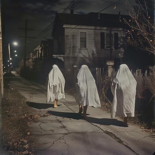 color photograph of kids wearing vintage sheet ghost Halloween costumes at night in a small town neighborhood, symbol, --v 6.0