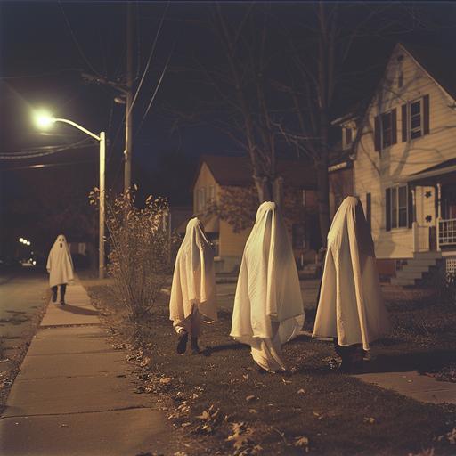 color photograph of kids wearing vintage sheet ghost Halloween costumes at night in a small town neighborhood, symbol, --v 6.0