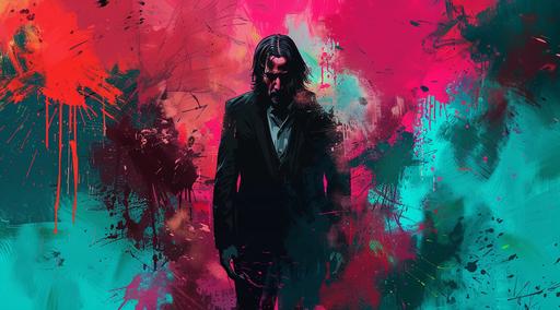 colorful abstract symmetrical representation of john wick paints himself on another piece of paper in this dark and spooky mural, in the style of grunge / grungy, light maroon and light cyan, aggressive digital illustration, dripping paint, wimmelbilder, color splash, caricature-like --ar 128:71 --v 6.0