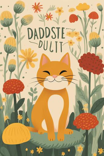 colorful adorable cat print with a positive quote, Retro Maximalist Nursery Decor, a happy lil cat sitting amongst flowers and mushrooms enjoying life, neutral yellow color background and the text reads 'It's a good day to have a good day' --ar 2:3