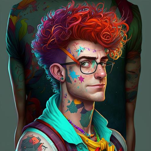 colorful and curly hair male cartoon character has tattoos on his face