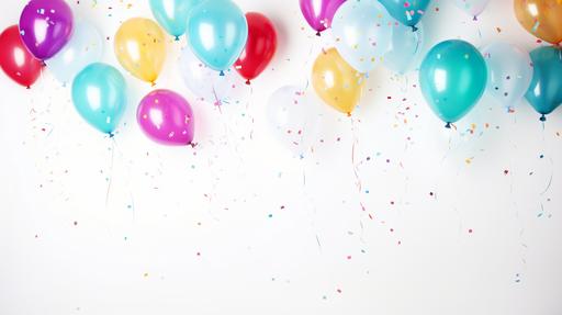 colorful balloons on white background for birthday celebration with confetty glitter --ar 16:9