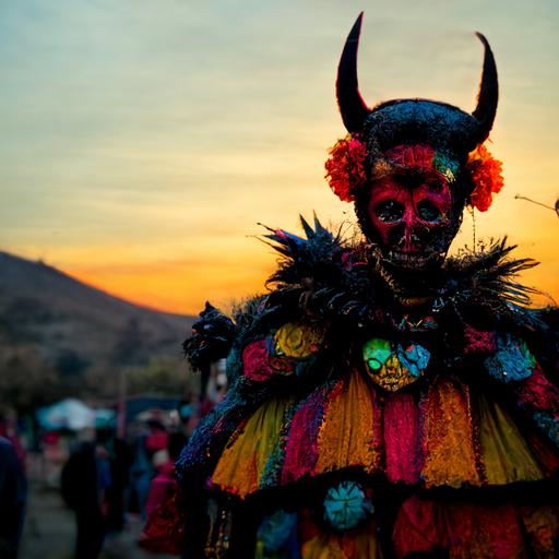 colorful devil at the carnival in the hills of purmamarca, portrait, mirrors, vintage, sunset -- 2:1