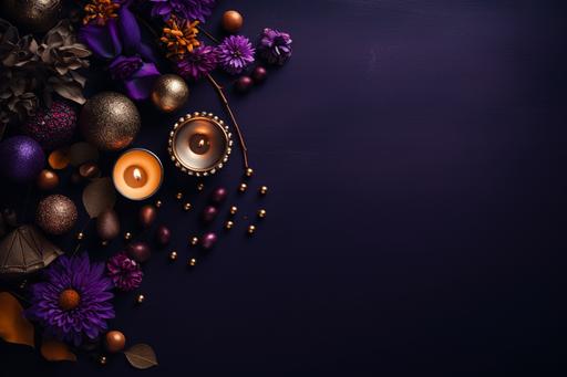 colorful diwali decorations on a dark background, in the style of dark purple and light brown, minimalist backgrounds, folkloric, captivating, matte photo, innovative page design, dark purple and dark brown --ar 128:85