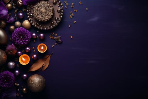 colorful diwali decorations on a dark background, in the style of dark purple and light brown, minimalist backgrounds, folkloric, captivating, matte photo, innovative page design, dark purple and dark brown --ar 128:85