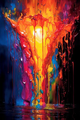 colorful droplets of oil splash into still Waters, umbrella shape, radiant and vibrant vivid, saturated distinct colors, --ar 2:3 --q 2