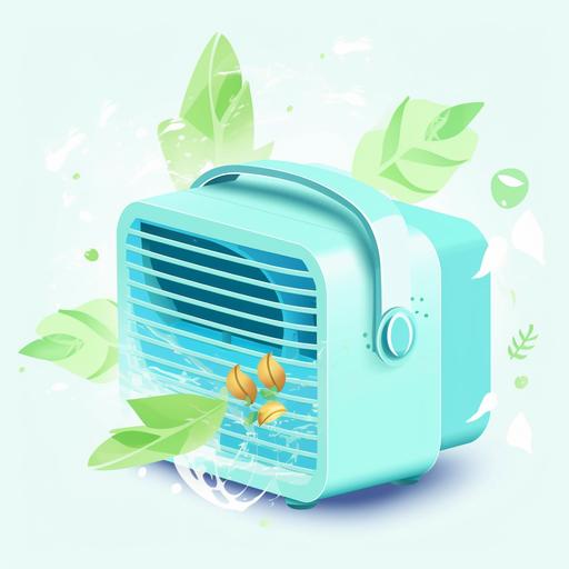 colorful flat vector file of a portable AC with a handle producing cool wind indicated with soft lightblue colored waved lines coming out of the AC. in front are some icecubes and mint leaves --v 5