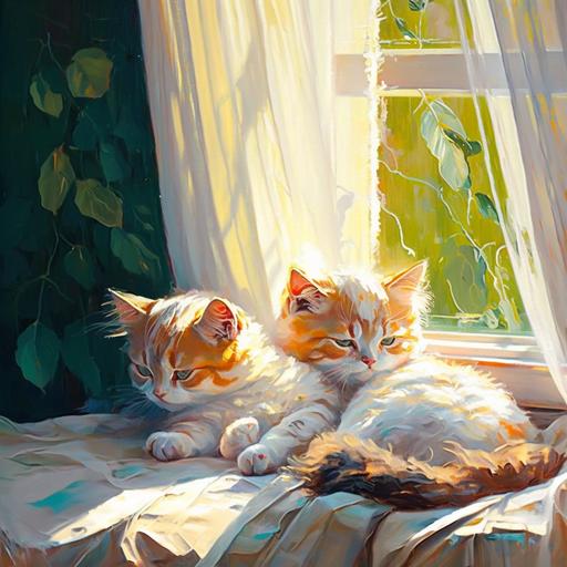Glow, colorful, oil painting, abstract, impasto, warm sunshine, cozy, two lazy kittens, film lighting, sunshine, drowsy, window background with green tree view, white curtains