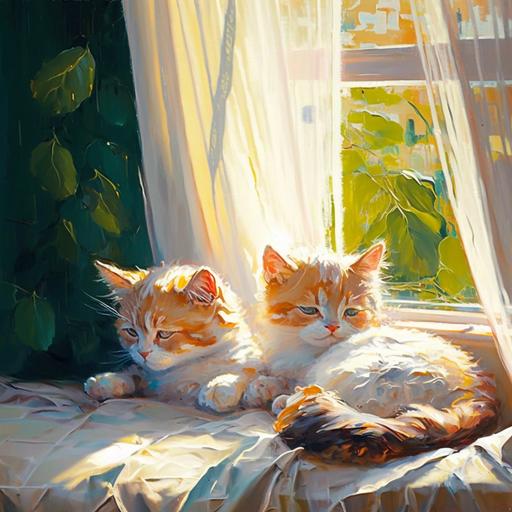 Glow, colorful, oil painting, abstract, impasto, warm sunshine, cozy, two lazy kittens, film lighting, sunshine, drowsy, window background with green tree view, white curtains