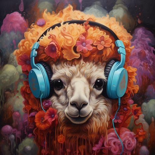 colorful painting of alpacca face waring headphones with mushrooms growing from the head